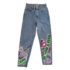 Topshop MOTO Womens Light Wash Graffiti Mom Jeans W25‎ L30